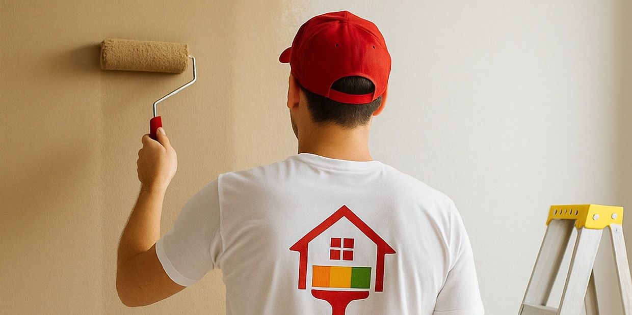 Man painting a wall beige with a paint roller, wearing a red cap and white shirt.