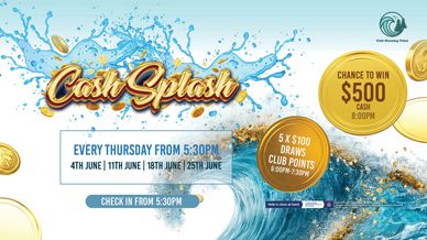 Promotional banner for Cash Splash event with drawings and prizes.
