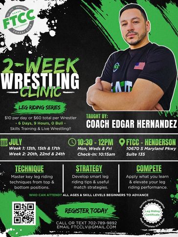 2-week wrestling clinic by Coach Edgar Hernandez at FTCC Henderson.