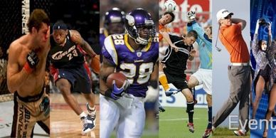 Collage of various sports including MMA, basketball, football, soccer, and golf.