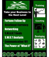 Business training and coaching services flyer with contact information.