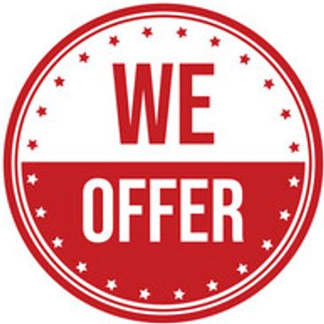 Red and white circular badge with 'WE OFFER' text.