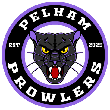 Pelham Prowlers fierce wildcat logo with purple and black colors.