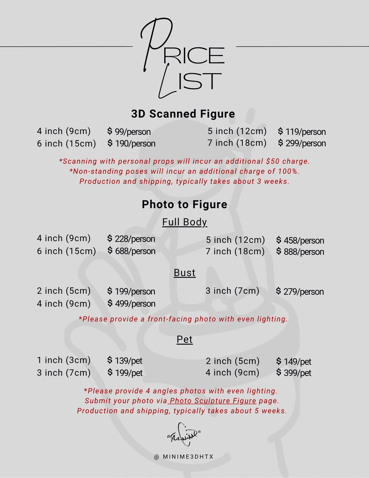 Price list for 3D scanned figures, photo to figure, and pet sculptures with size and cost details.