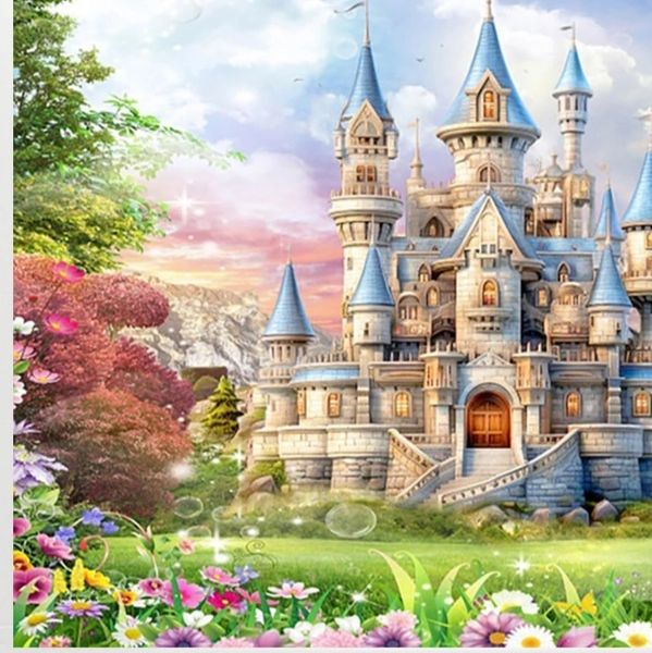 A dreamy castle with blue spires surrounded by colorful flowers and a magical landscape.