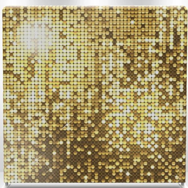 A sparkling gold mosaic tile wall with light reflections.