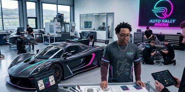 A high-tech garage with a sleek race car and people working on it.