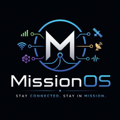 Logo of Mission OS with tech icons and slogan.