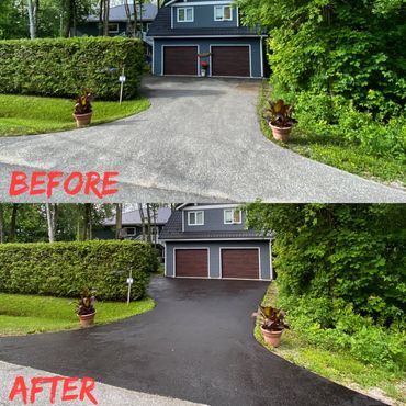 Before & after picture of freshly seal coated driveway