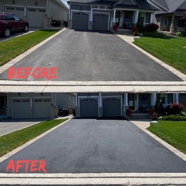 Before & after picture of freshly seal coated driveway