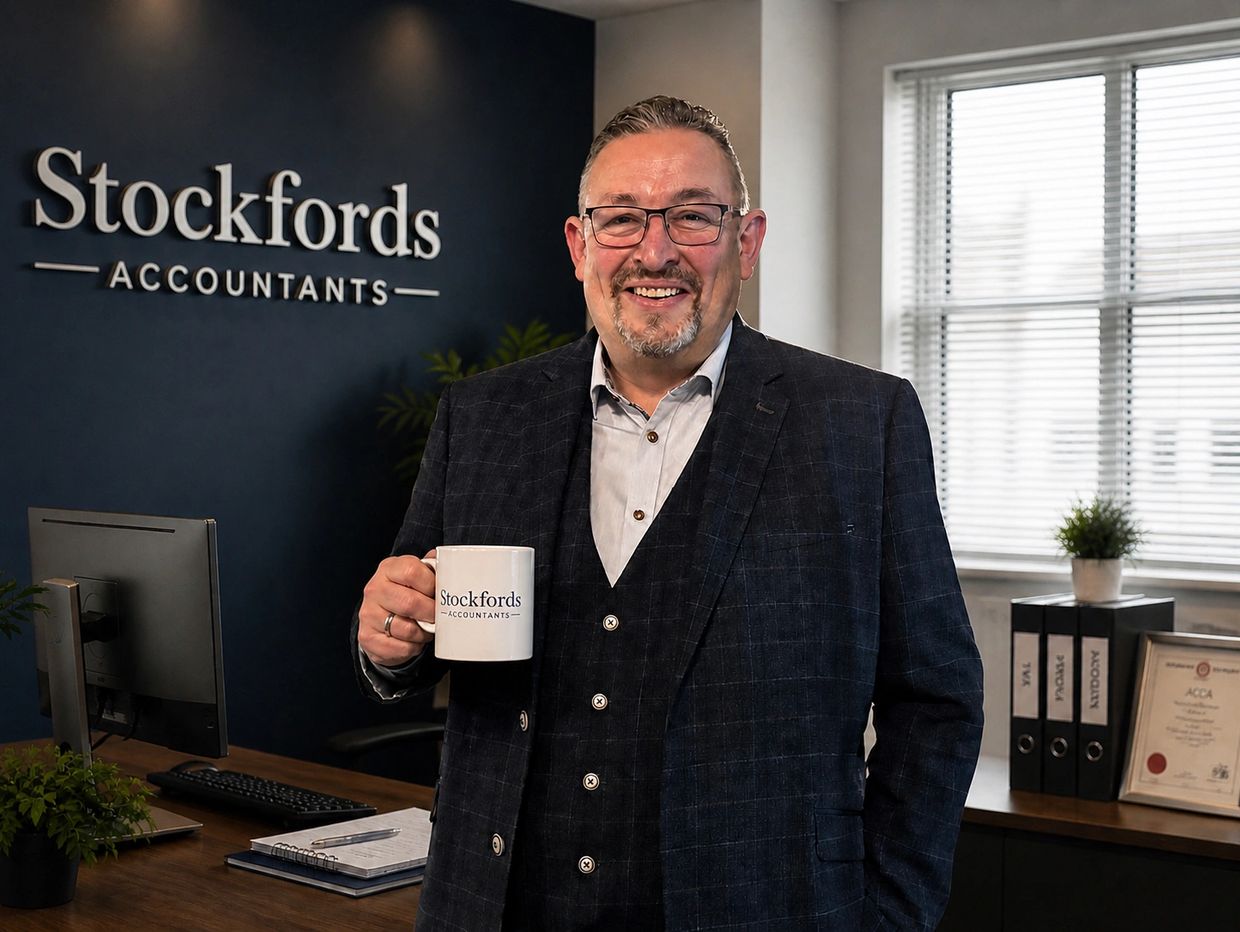 Smiling businessman holding a Stockfords Accountants mug in an office.
