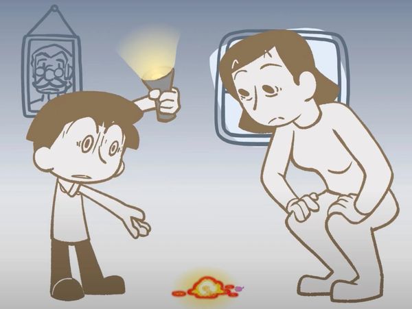 Two cartoon characters examine a small glowing object on the floor with curiosity and concern.