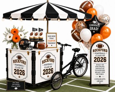 Black and white ice cream cart celebrating Rockford Football Class of 2026 with balloons and decorations.