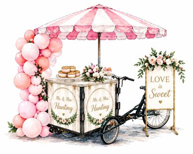 A decorated ice cream cart with pink balloons and a 'Love is Sweet' sign.