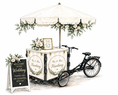 Elegant wedding tricycle cart decorated with flowers and umbrella.