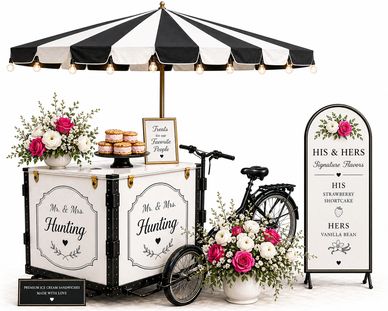 Vintage-style wedding dessert tricycle with floral decorations and signage.
