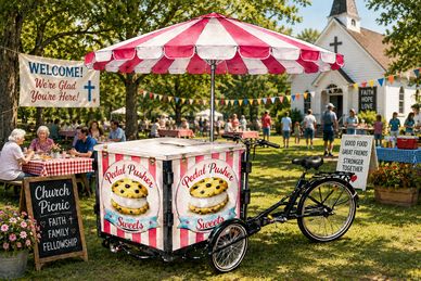 A charming church picnic with a red-and-white striped sweet cart and welcoming signs.