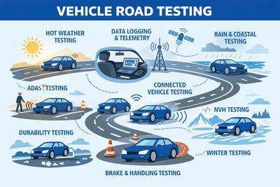Illustration of various vehicle road testing types including weather, durability, and telemetry.