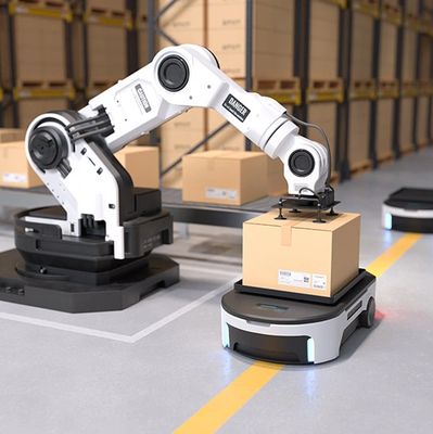 Robotic arm loading packages onto an autonomous delivery robot in a warehouse.