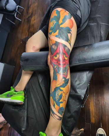 Hannya Mask with colorful Peonies Tattoo