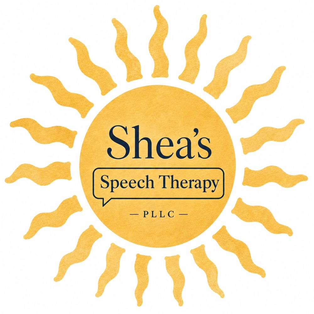 Shea's Speech Therapy logo with a yellow sun design.