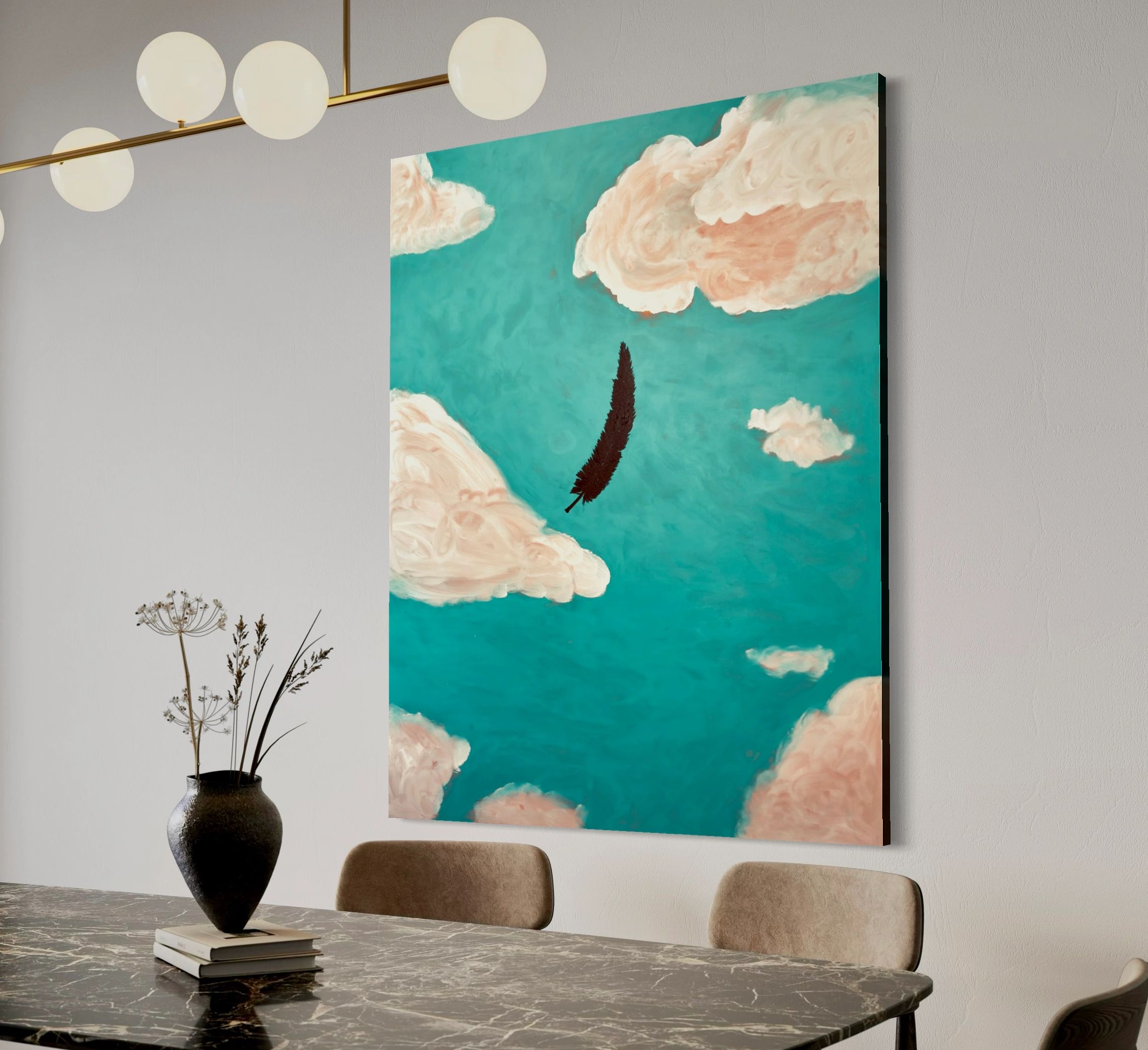 Modern dining area with cloud-themed painting and black vase on marble table.