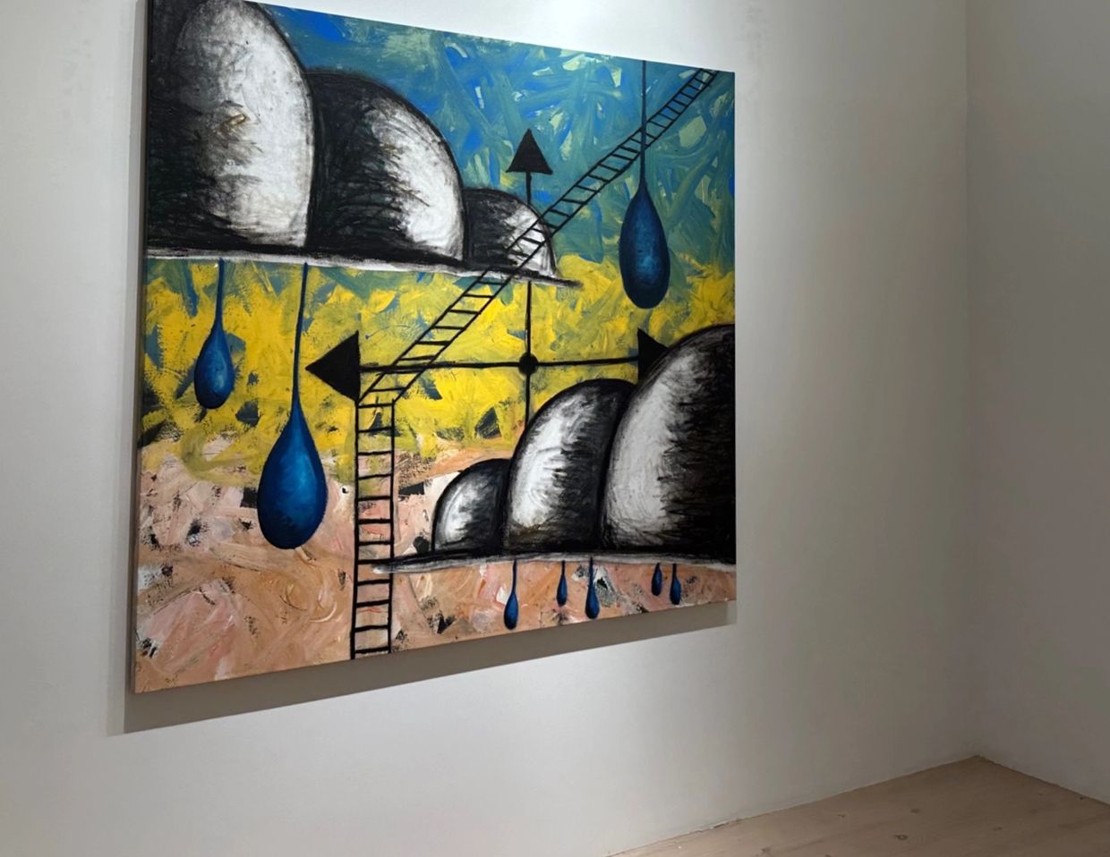 Abstract painting with ladders, blue drops, and dome shapes on a colorful background.