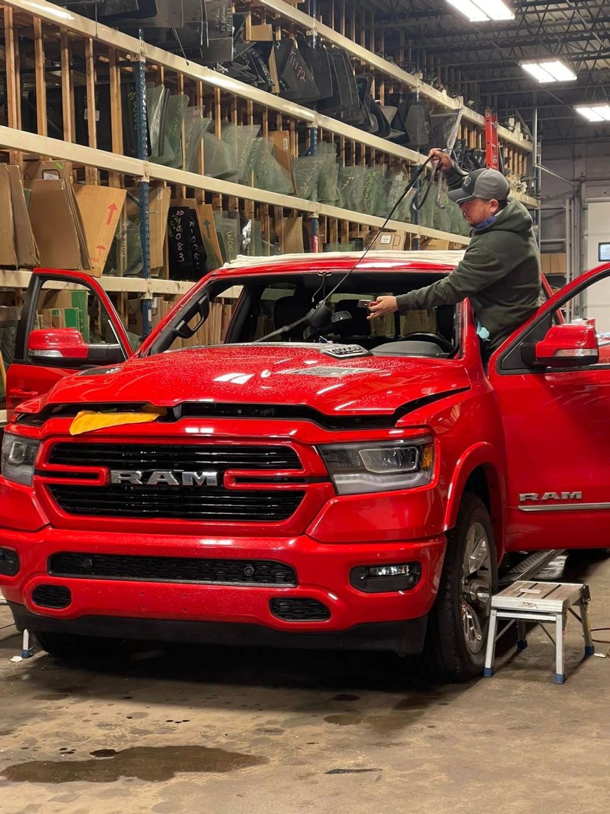 Windshield removed on a red Ram 1500 