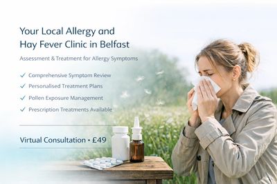 Woman sneezing outdoors with allergy medications, promoting a Belfast allergy clinic.