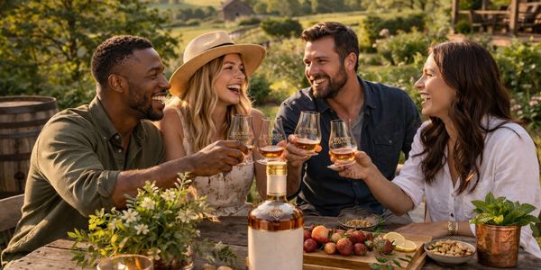 Four friends toasting with glasses of whiskey outdoors in a vineyard.