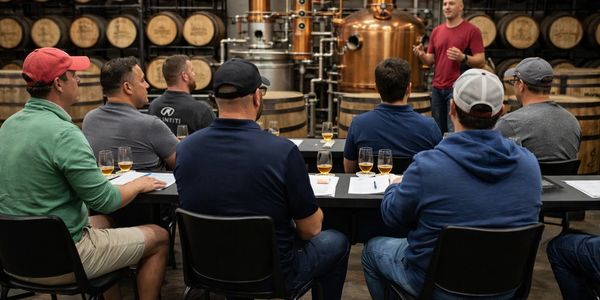 Group attending a whiskey tasting event in a distillery.