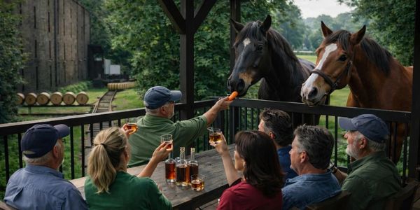 People feeding horses and enjoying drinks at an outdoor table.