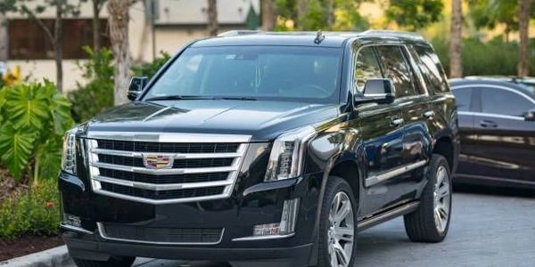 Black Cadillac Escalade parked outdoors near greenery.