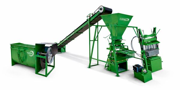 Green brick making machine with conveyor belt and hopper.