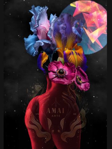 Surreal figure with flowers and geometric moon.