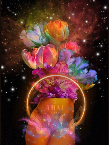 Vibrant flowers and cosmic elements blend in a surreal artwork.