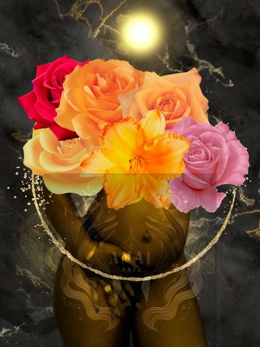 Artistic image of a figure holding a vibrant bouquet of flowers.