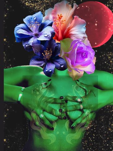 Green-skinned figure with colorful flowers for a head against a cosmic background.