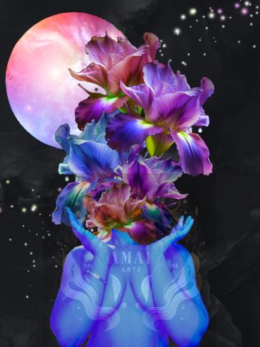 Person with flowers blooming from their head under a colorful moon.