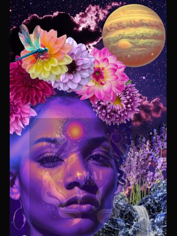 Surreal portrait of a woman with flowers, dragonfly, and planet.