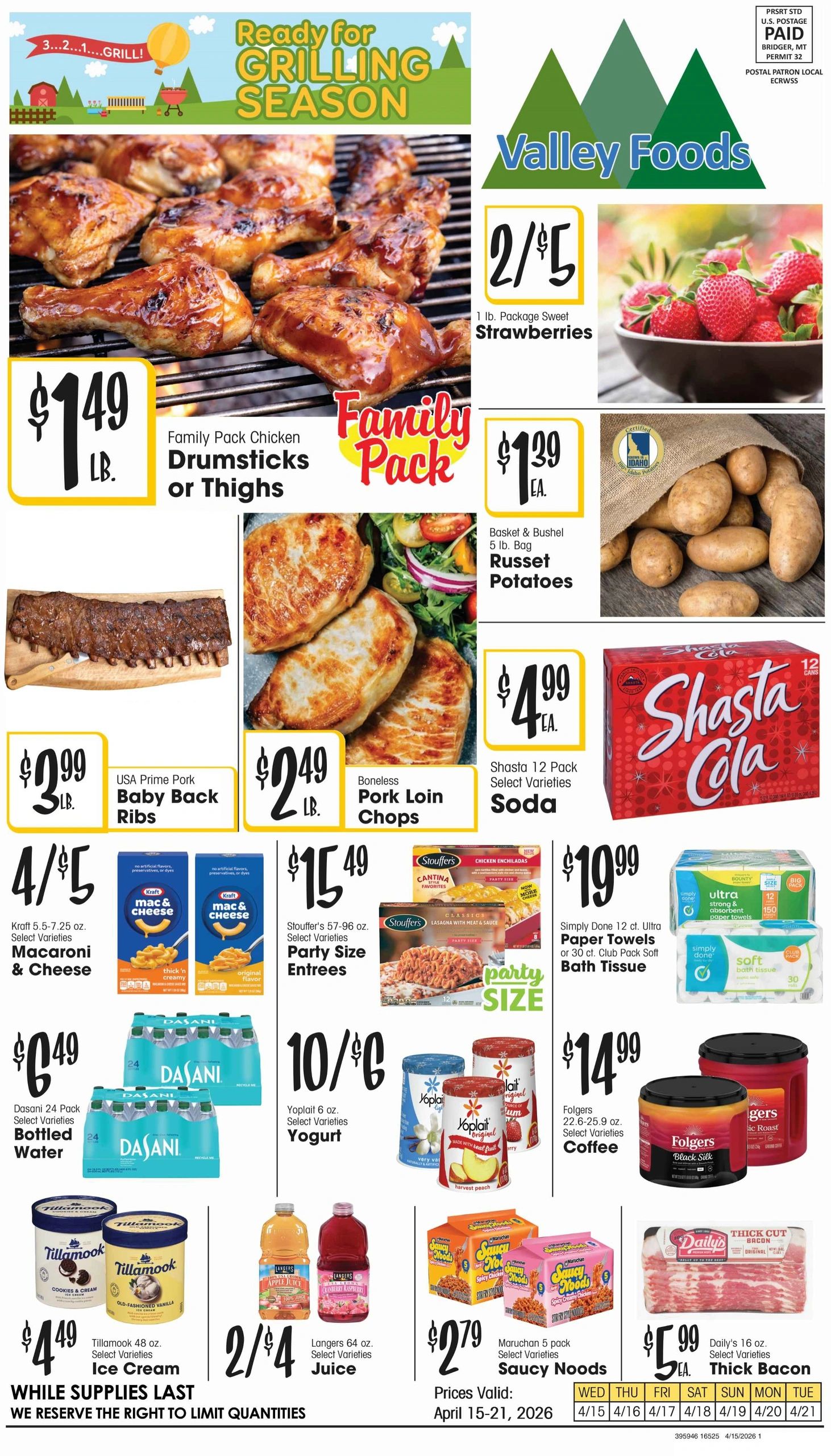 Valley Foods grilling season sale with meats, produce, beverages, and essentials.