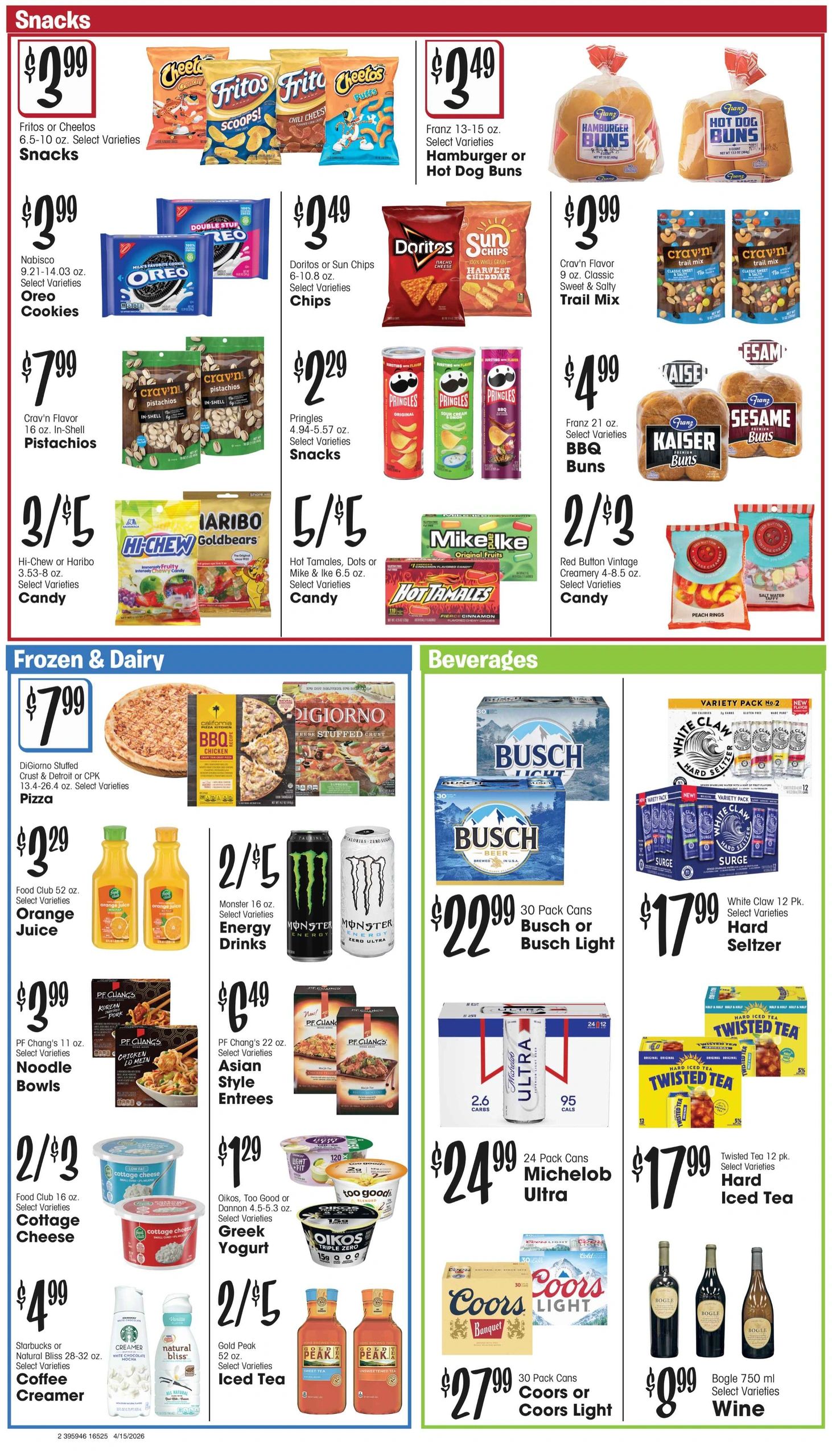 Grocery ad featuring snacks, frozen foods, and beverages with prices and varieties.