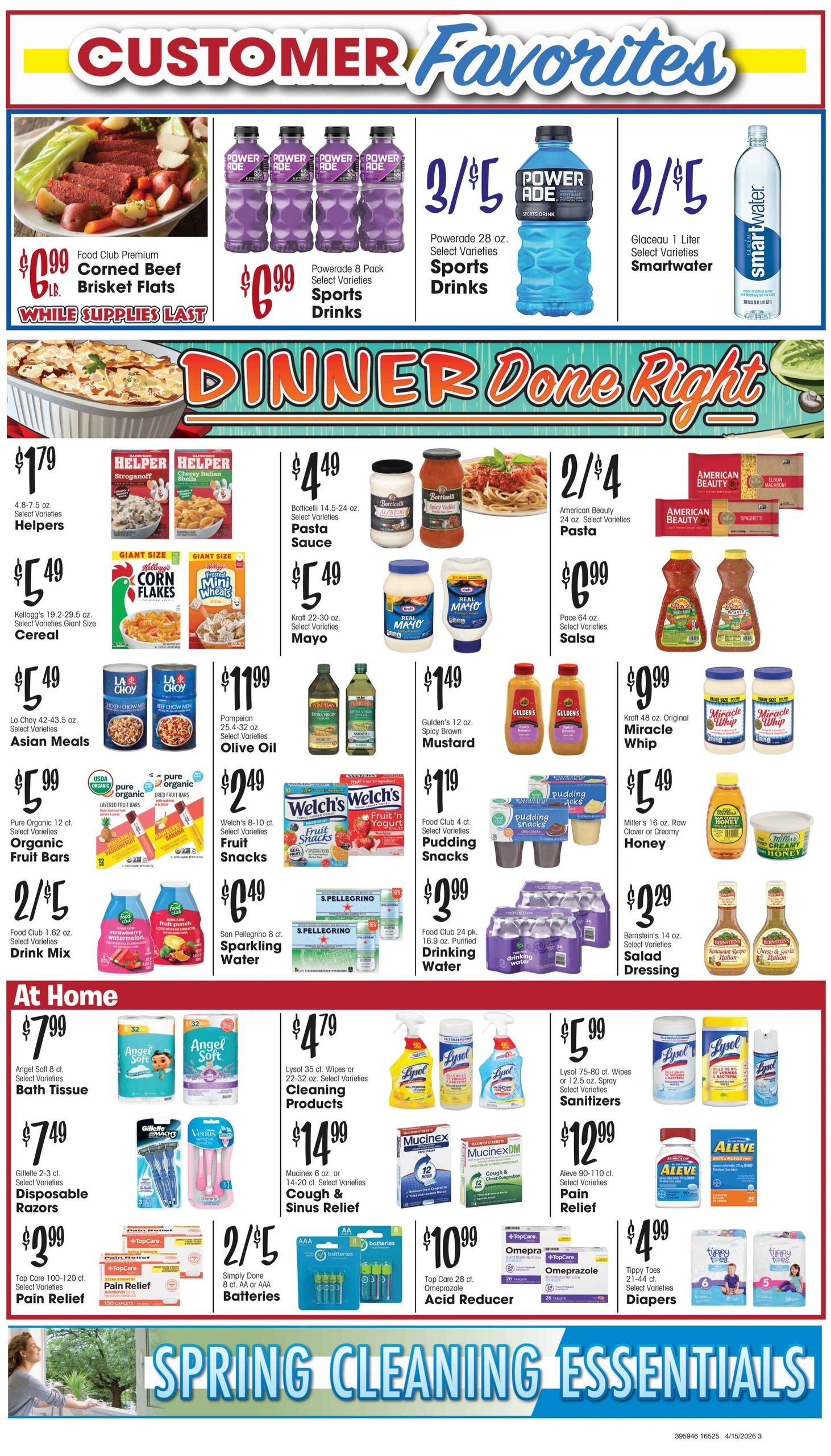 Customer favorites including food, drinks, cleaning products, and essentials on sale.