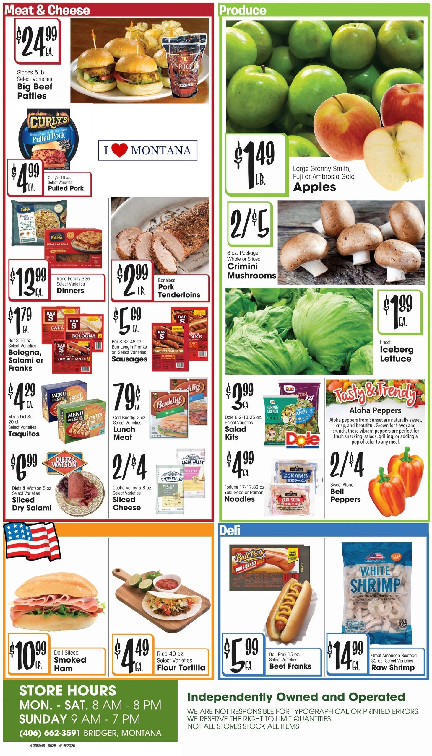 Grocery flyer showing prices for meat, produce, deli items, and store hours.