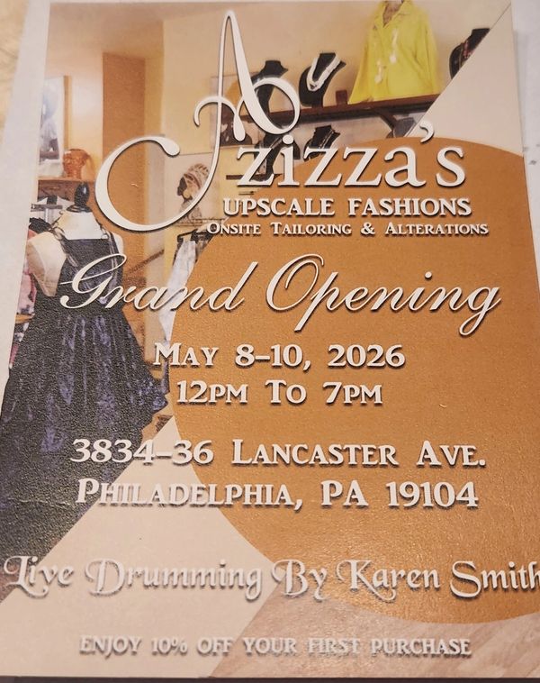 Grand opening flyer for Ajizza's Upscale Fashions in Philadelphia.