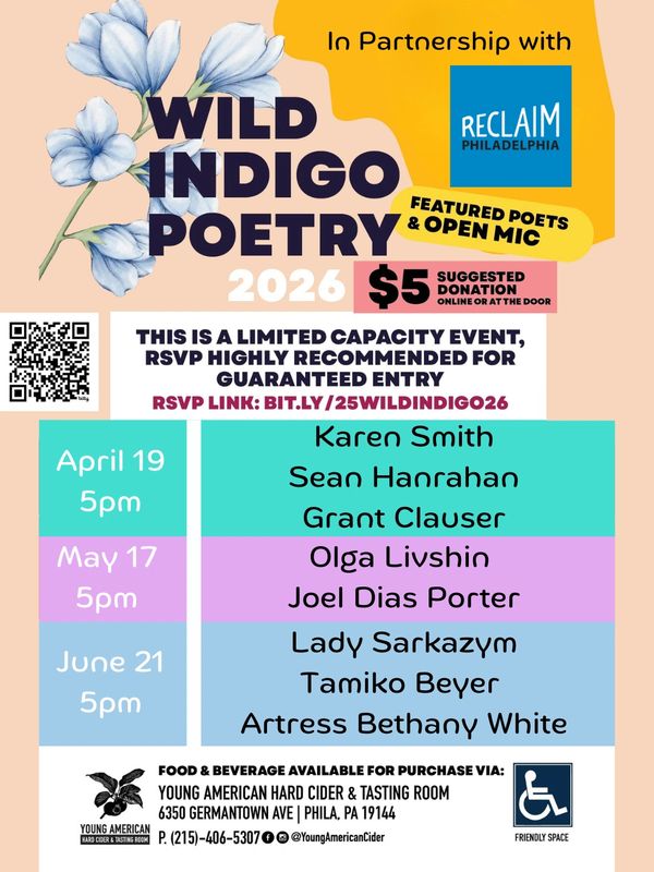 Wild Indigo Poetry 2026 with featured poets and open mic, limited capacity, RSVP recommended.