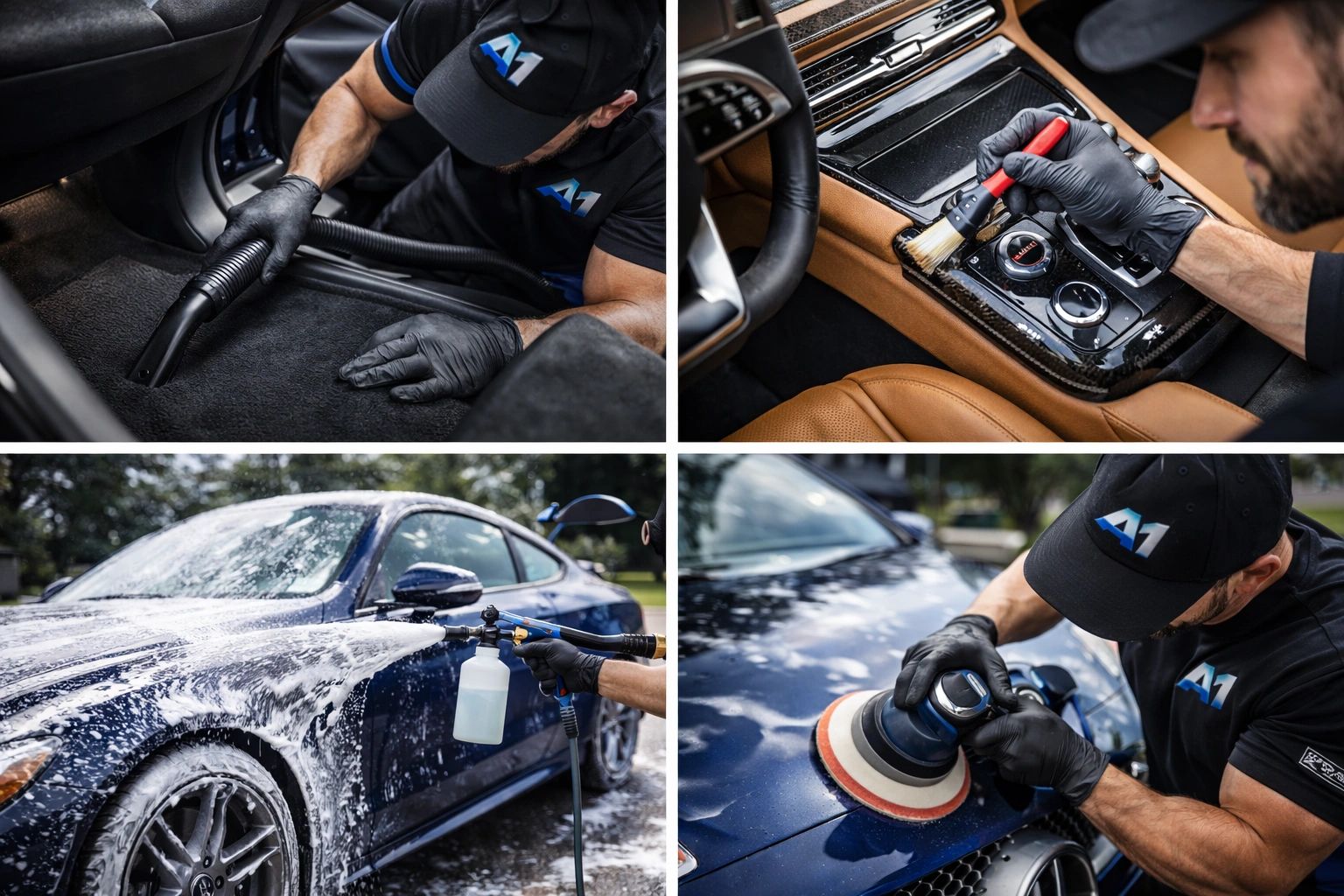 Interior detailing and vacuuming  mobile service Detailing brushes on luxury interior — precision cl