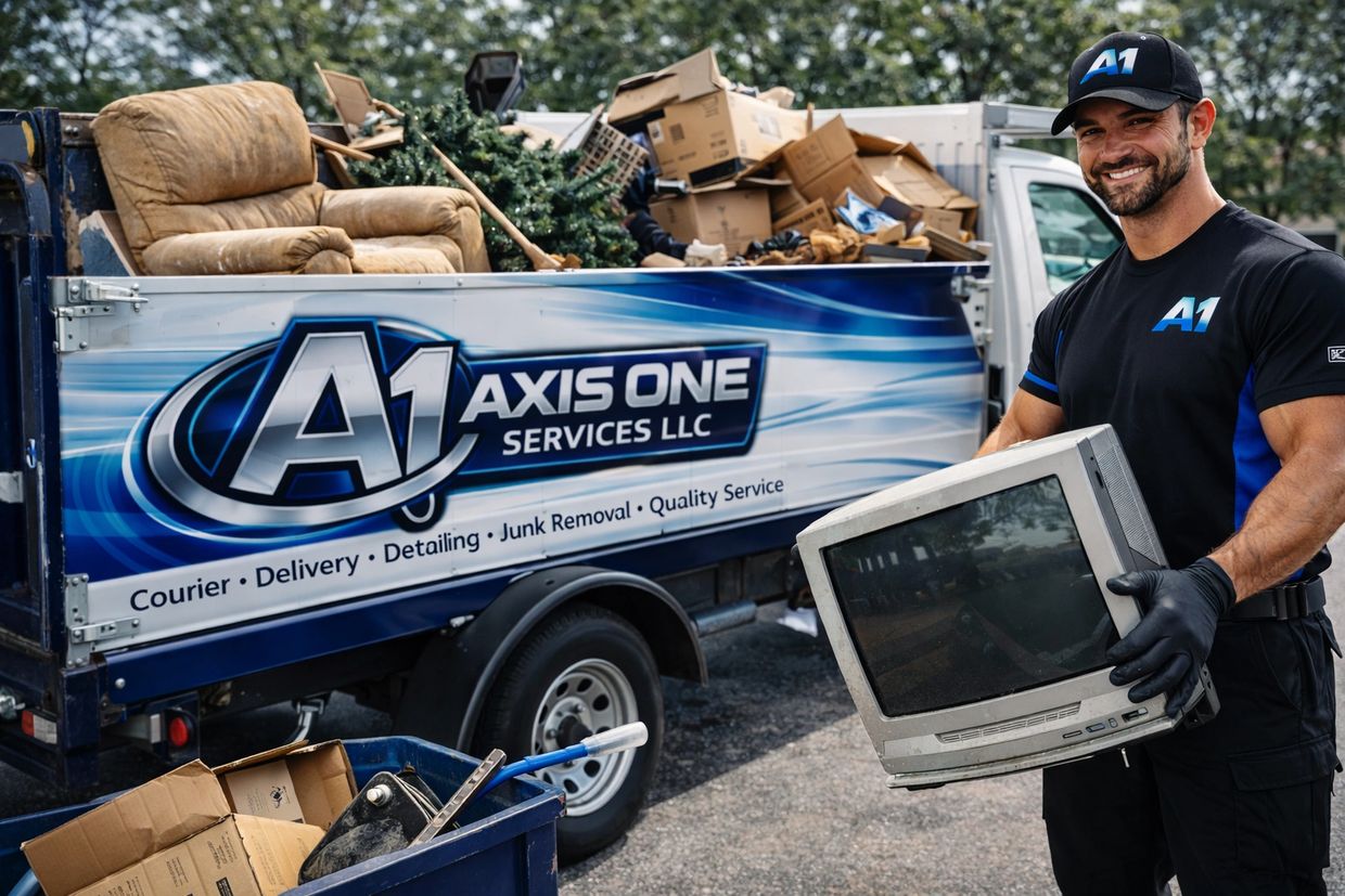 Junk removal crew loading a 5x8 trailer — Central Florida
