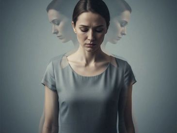Woman with multiple head positions showing inner conflict.