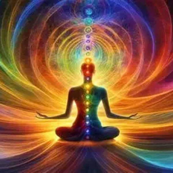 Meditative figure with chakras glowing, surrounded by vibrant energy waves.